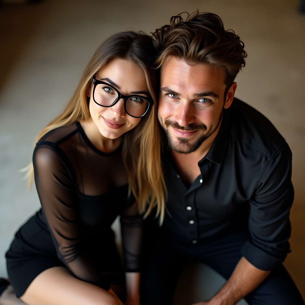 The image features a couple sitting close together on the floor, exuding warmth and intimacy. The woman has long hair and is wearing stylish black glasses paired with a black dress that has a sheer top. She leans slightly towards the camera with a confident smile, resting her head on her partner's shoulder. He has a charming appearance, dressed in a black shirt. The soft lighting adds a cozy ambiance to the scene, highlighting their expressions and connection. It's a modern and stylish portrayal of a couple in love.