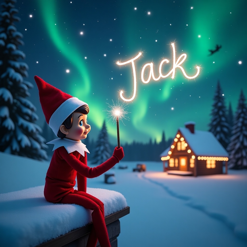 This image features a charming elf from the Elf on the Shelf concept, engaged in a festive activity on a snowy Christmas night. The elf sits on a snowy ledge, turning to gaze at the starry sky while holding a sparkling wand. With a twinkle in his eye, he spells the name 'Jack' in bright, magical light. Behind him, the vibrant colors of the northern lights illuminate the night sky, creating a mesmerizing backdrop. In the distance, a cozy cabin glows warmly, adding a sense of comfort to the winter scene. Santa and his sleigh can be seen flying above, contributing to the overall spirit of Christmas joy and magic.