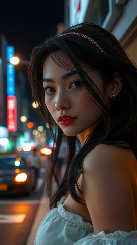 This image captures a young woman in an urban environment at night. She is wearing a white off-the-shoulder top, with her dark hair complemented by a subtle headband. The city lights around her create a vibrant bokeh effect, highlighting the contrast between her illuminated face and the dim evening backdrop. The image conveys a sense of elegance and tranquility amidst the bustling city.