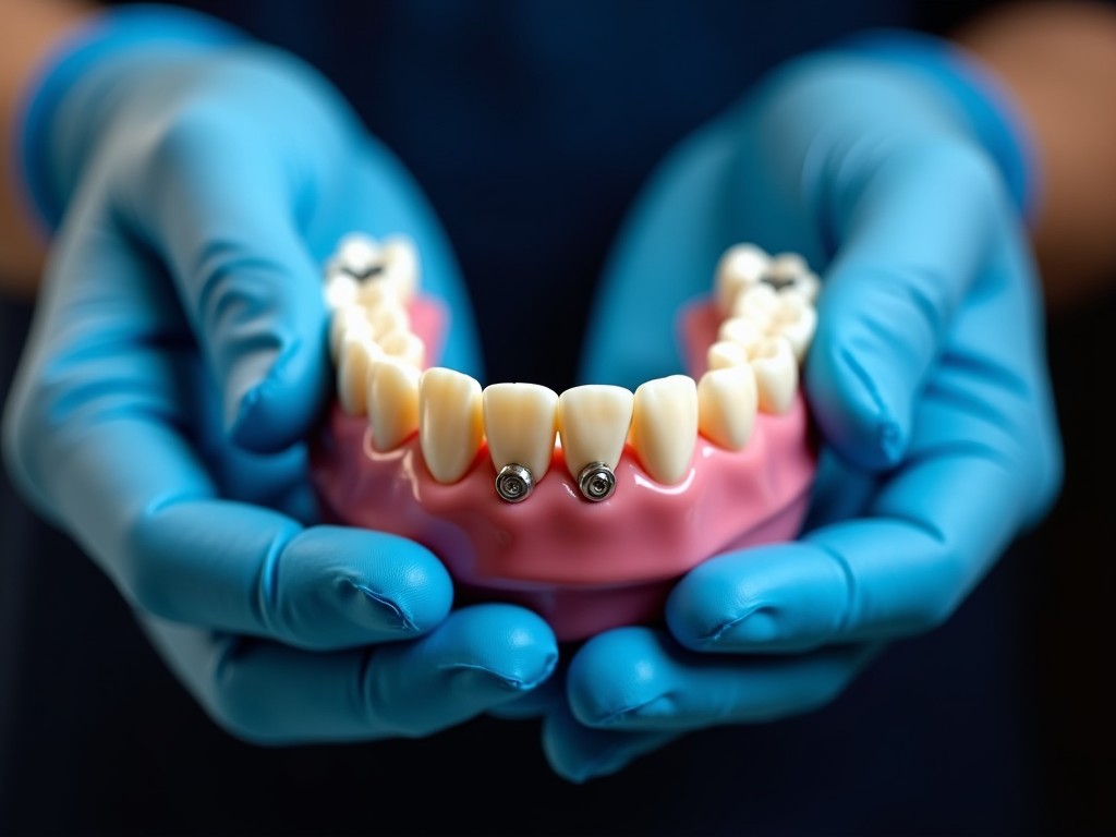 The image shows a pair of hands wearing blue medical gloves, holding a dental prosthetic. The prosthetic includes a set of upper teeth and a pink gum-like base. Metal fasteners are visible on the upper part of the prosthetic, suggesting it's designed to be attached to dental implants. The background is dark, highlighting the dental appliance. This image appears to be related to dental health or dentistry.