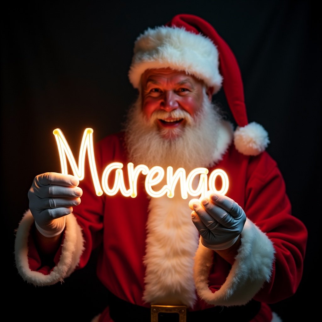 Santa Claus in traditional red and white suit holding glowing text. Text says 'Marengo'. Dark background enhances glow. Santa expresses warmth and joy. Captures Christmas magic.