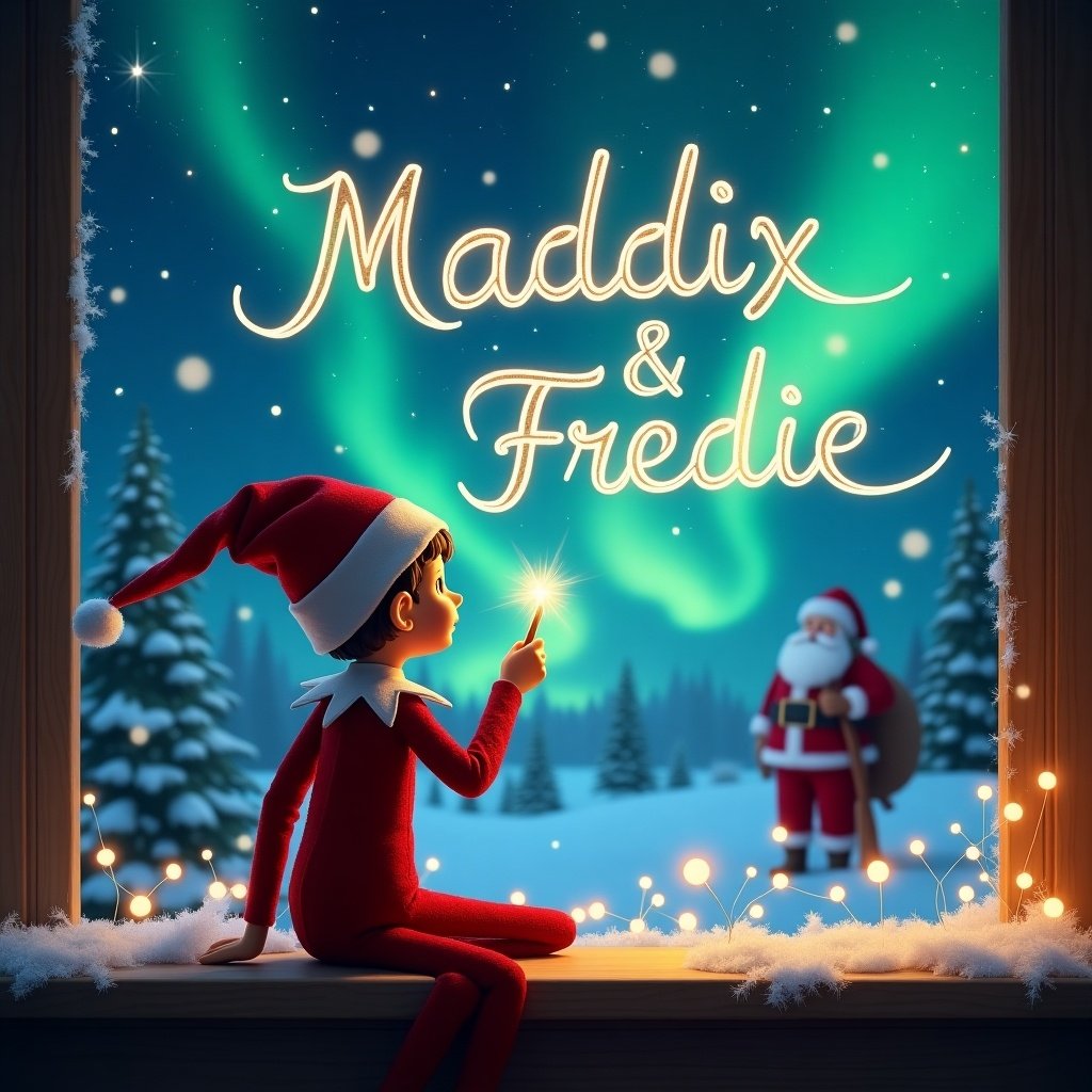 An elf on the shelf sits facing the sky using a wand. Background features a magical Christmas scene with northern lights and Santa Claus. The names Maddix and Freddie are elegantly written in the sky with the wand.