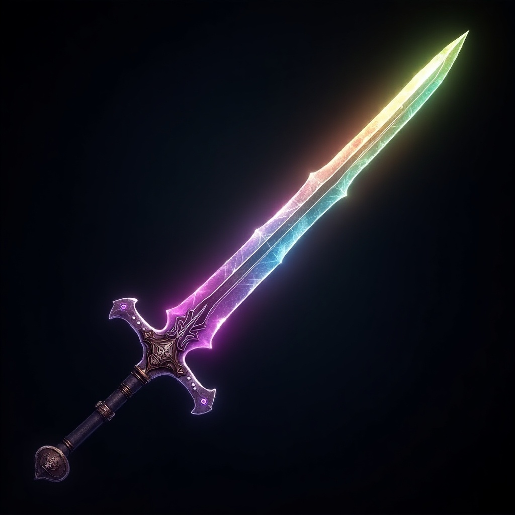 A fantasy sword is depicted in this image. The blade glows with multiple colors in a Damascus style. The hilt is a standard longsword hilt with an ornate pommel. Visual evokes a sense of adventure and heroism. Perfect for fantasy themes.