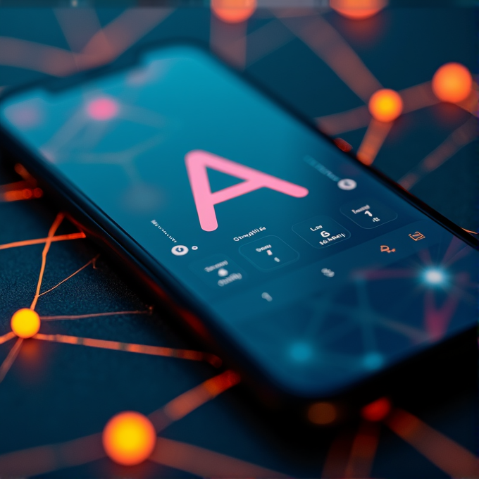 A smartphone screen showing a bold letter 'A' with a digital network design and orange glowing nodes in the background.