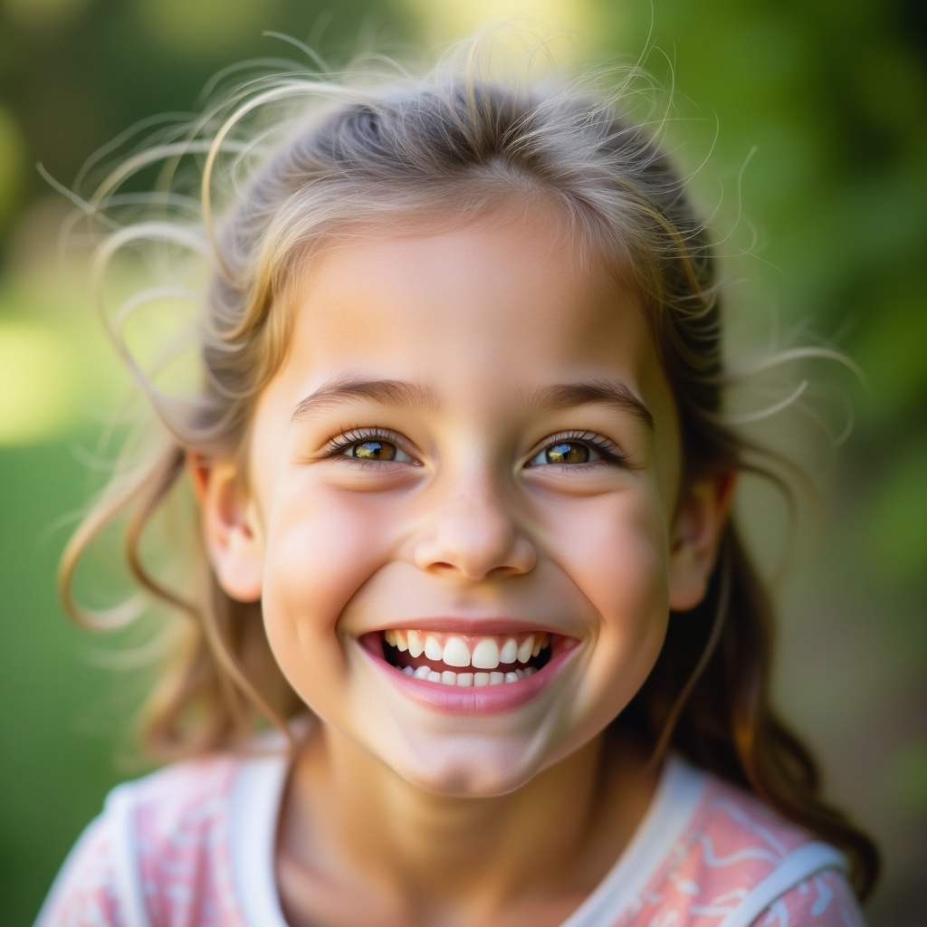 Close-up photograph of a young girl smiling broadly. Joyful expression radiates happiness. Background is softly blurred with hints of green. Natural and bright lighting illuminates her face beautifully. Captures essence of childhood joy and innocence in a candid manner.