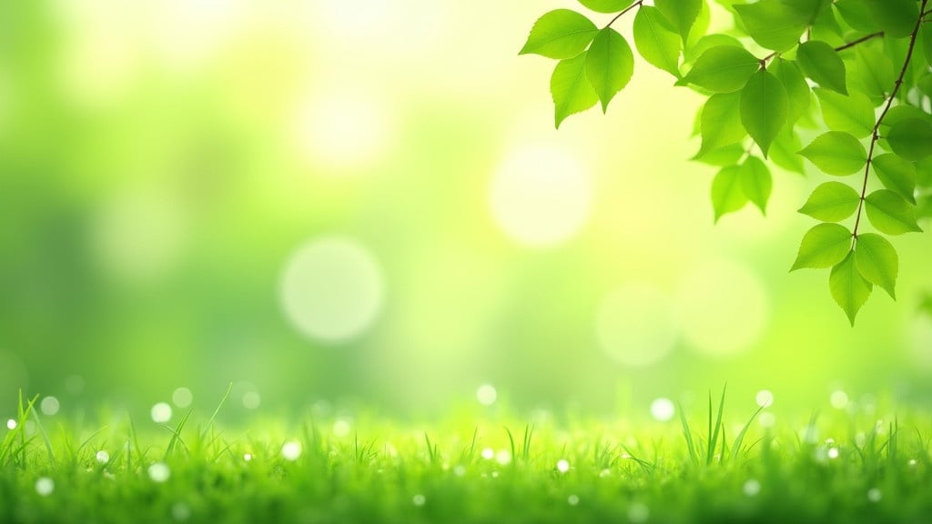 A serene and vibrant nature scene. The background is a soft blurred mix of green and white suggesting a lush sunlit forest or garden. On the right side bright green leaves hang from branches. The bottom features a grassy area with dew drops. The overall effect is calming and refreshing.