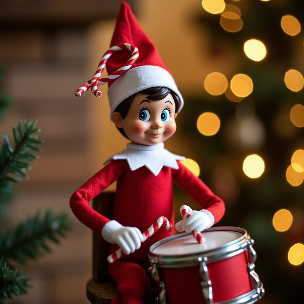 Elf character with candy cane ribbon on hat playing drums. Background features decorated Christmas tree and soft glowing lights. Warm festive atmosphere.