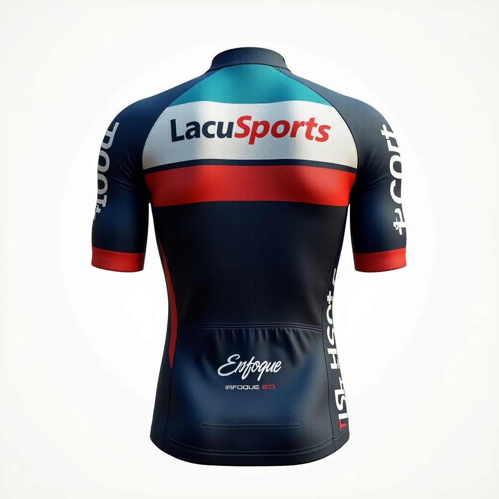 A professional image features a cycling kit viewed from the back. The brand 'LacuSports' is prominently displayed. 'Enfoque' is included below the main brand. The sides have 'Scott' branding, and the color scheme includes dark blue and red elements.