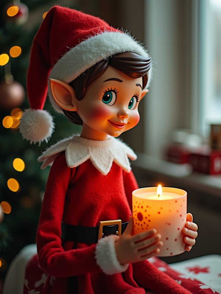 Elf character dressed in red with a white collar holding a lit candle. Festive atmosphere with Christmas decorations in the background.