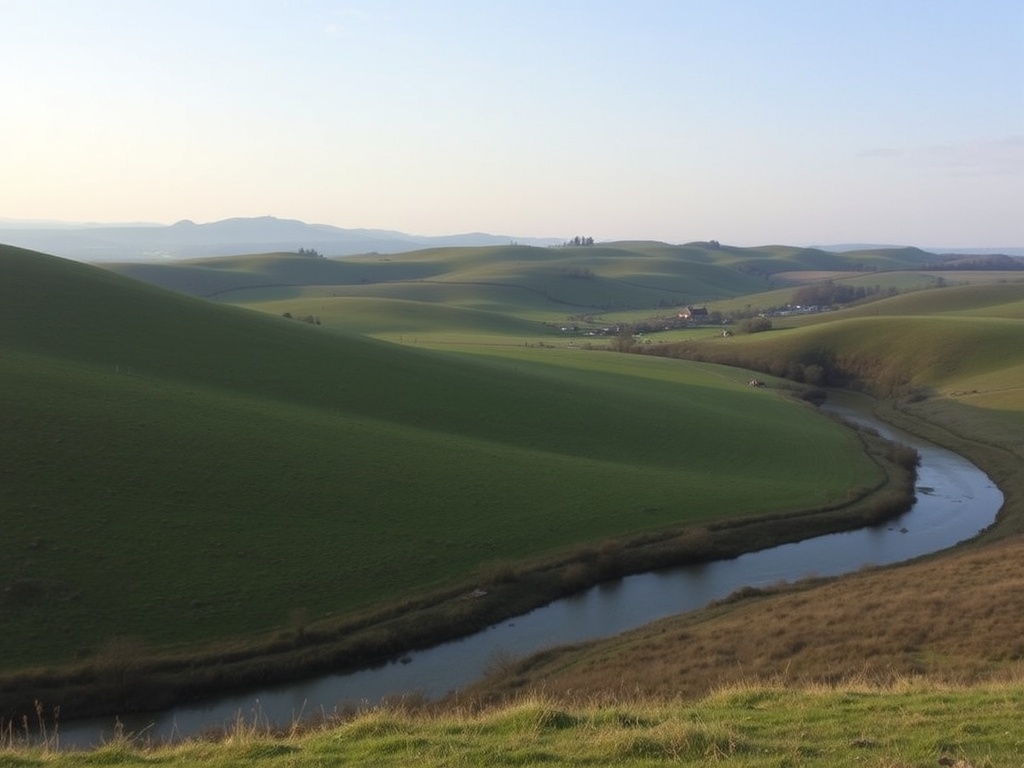 This image showcases a tranquil landscape dominated by rolling green hills and a meandering river. The soft evening light bathes the scene in a gentle glow, enhancing the peaceful atmosphere. The distant horizon features a subtle mountain range under a clear blue sky, adding depth to the composition.