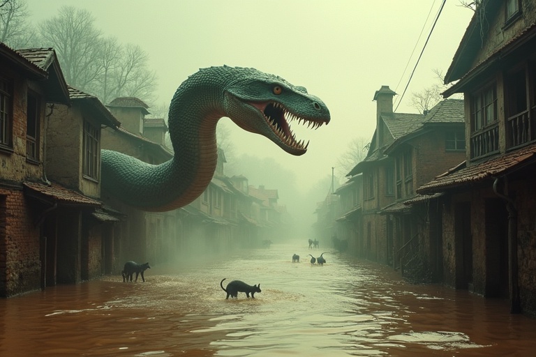 Cinematic landscape of a flooded city with murky water. A massive prehistoric snake swims through the streets. Animals panic on rooftops and attics. The city is dark and foreboding with a nostalgic, cinematic quality.