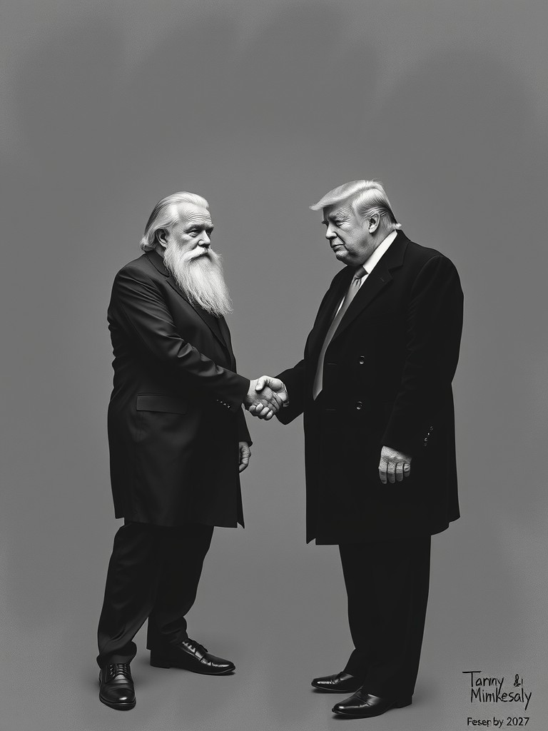 Two men, dressed in formal attire, engage in a handshake against a plain background.