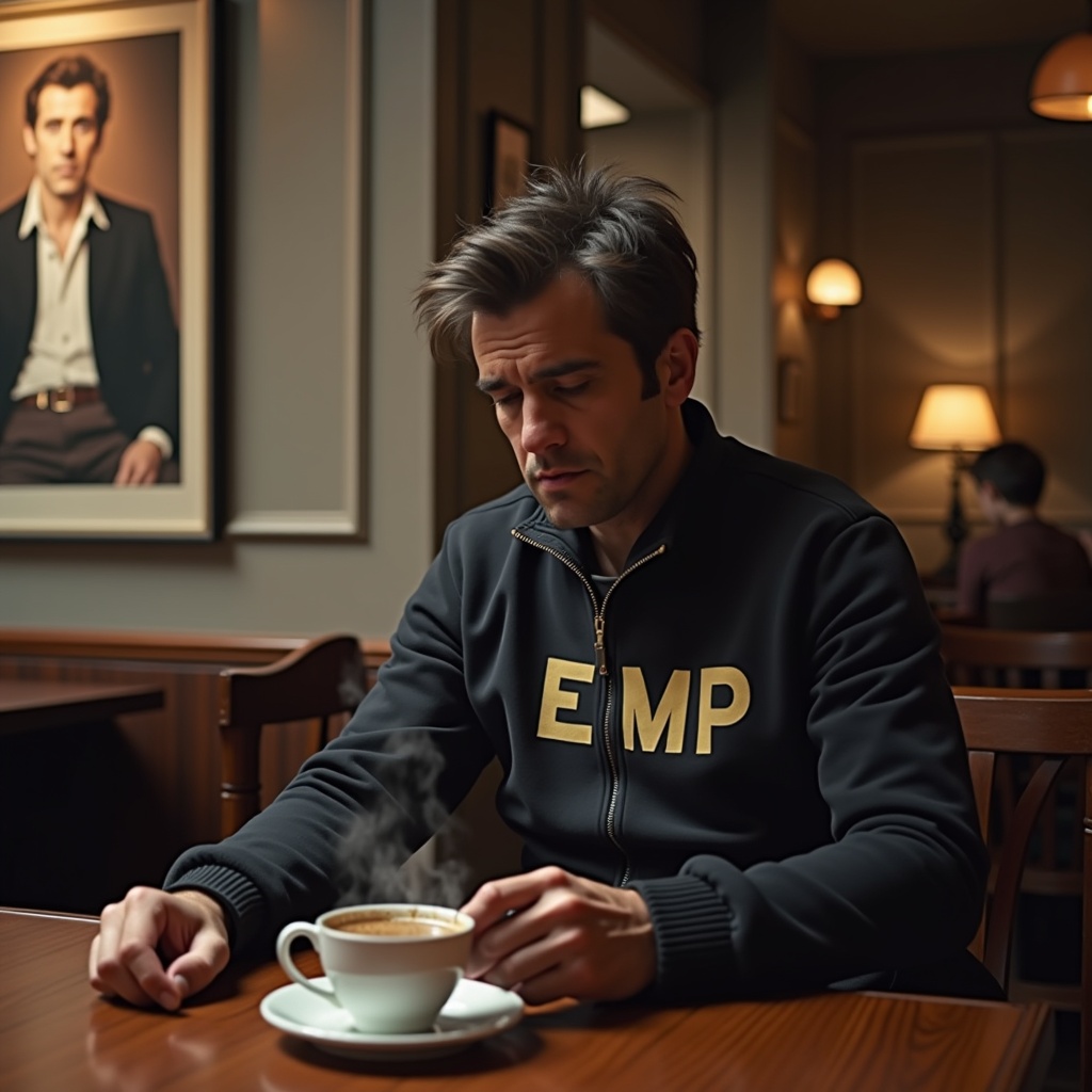 A man holding a cup of coffee in a cozy cafe, wearing a dark jacket with 'EMP' on it, while a framed portrait hangs on the wall behind him. The lighting is warm and soothing, evoking a sense of solitude and contemplation.