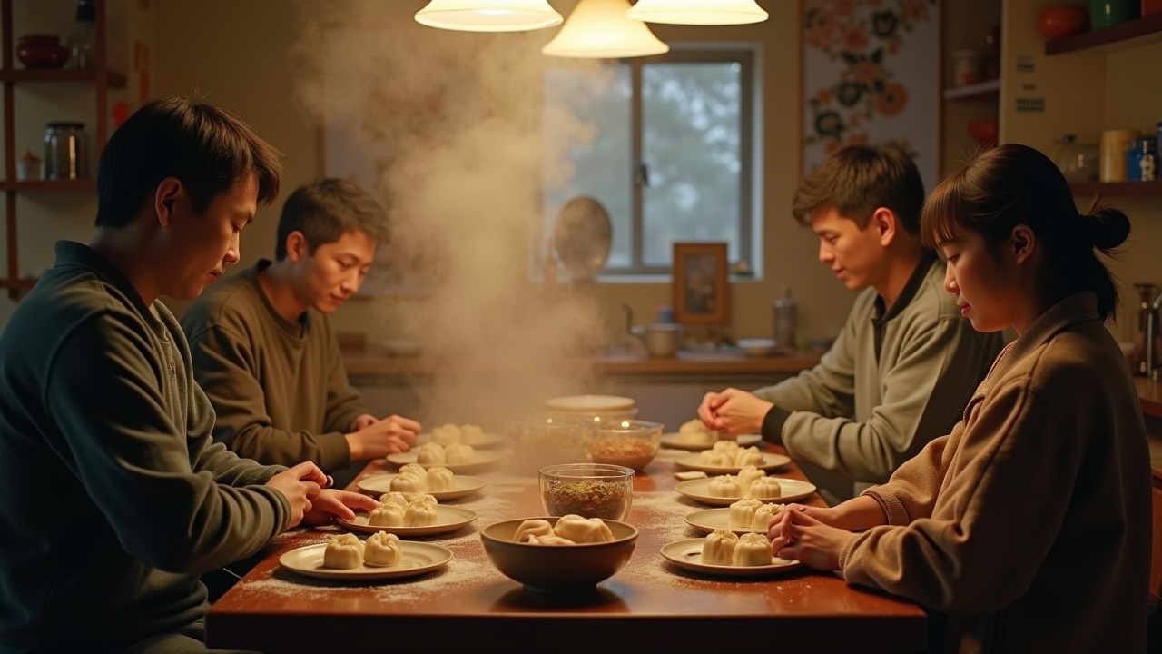 In a cozy kitchen filled with warmth, a family gathers around a table to make dumplings together. The scene captures the essence of a winter family reunion, with the steaming kitchen setting a perfect backdrop. Each family member, deeply focused, rolls and shapes the dough, showcasing their dedication to this family tradition. The light casts a soft glow over the table, accentuating the rich details of the scene. The air is filled with the aroma of food, making it an inviting and heartwarming moment. The image reflects a blend of togetherness and cultural heritage, emphasizing the joy of family bonding during the winter season.