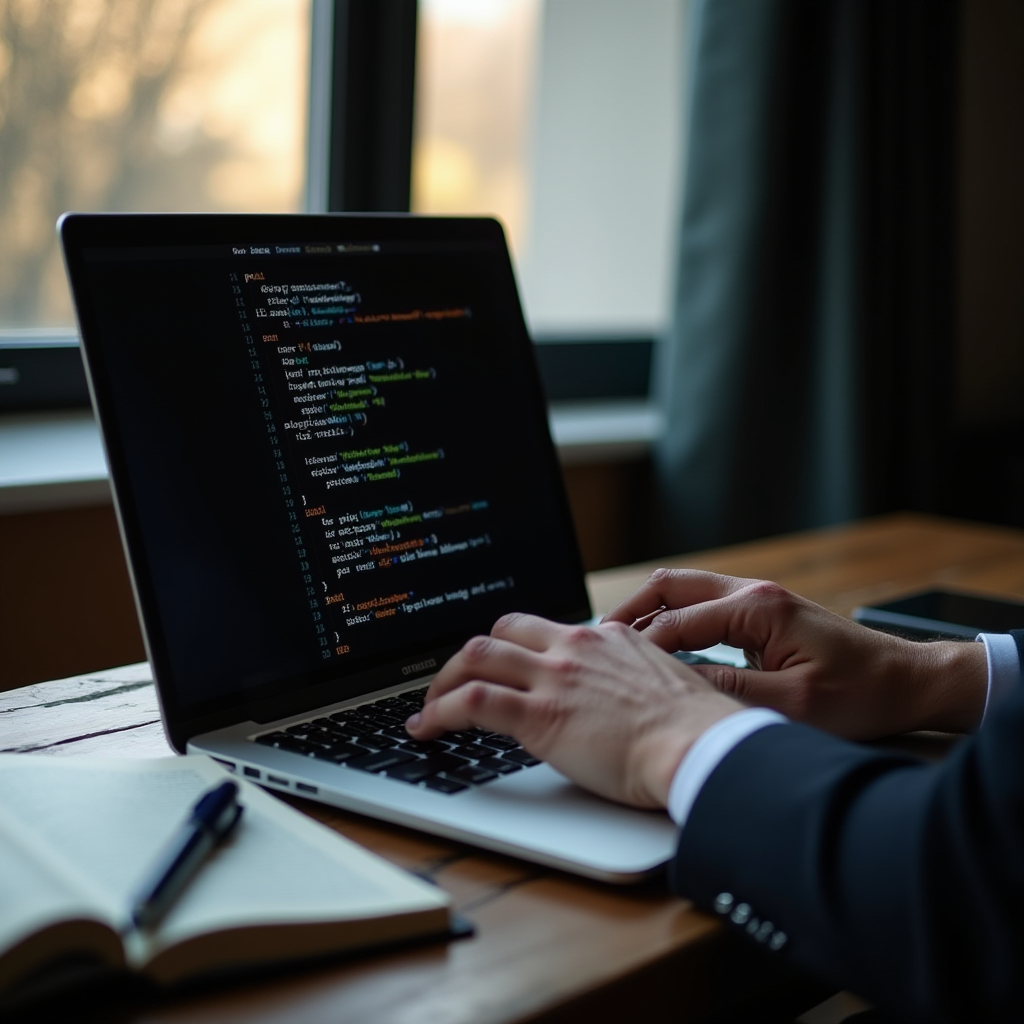 A person coding on a laptop in a cozy, sunlit room.