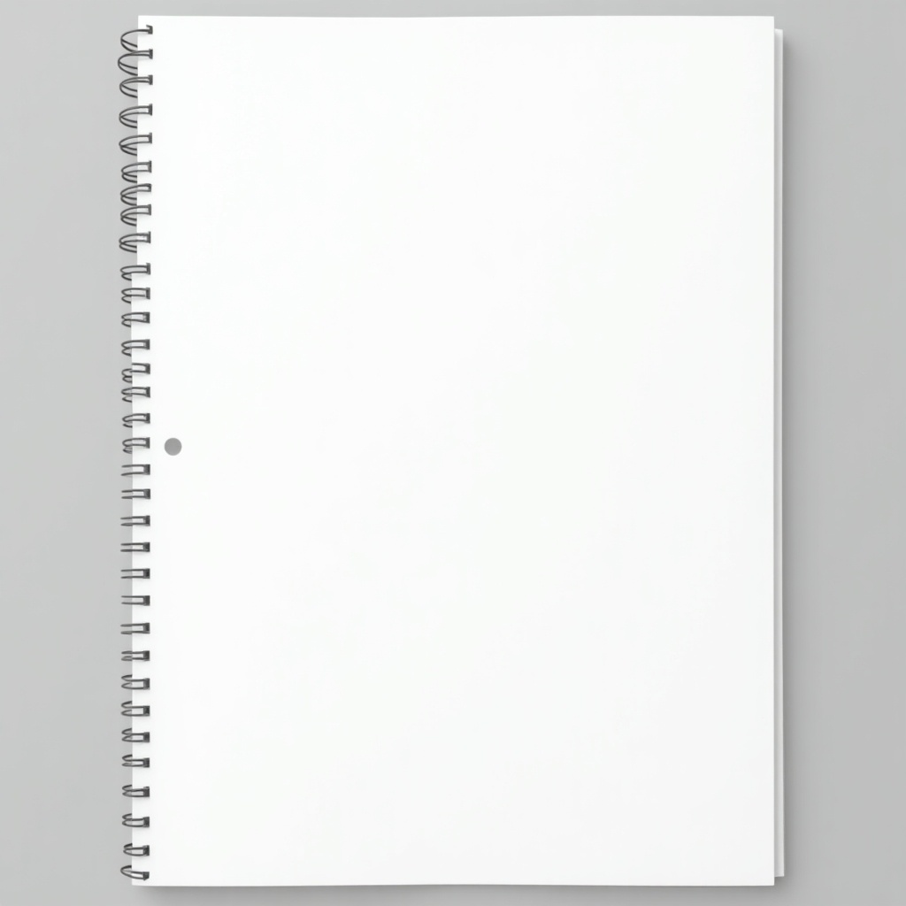 This image shows a blank A4 size page placed on a neutral background. The page has a left margin of 1.5 cm and black margins measuring 1 cm on all other sides. The spiral binding on the side indicates that this could come from a notebook. The lighting is soft and even, creating a calm and clean appearance. This blank slate invites creativity and can be used for various artistic purposes.