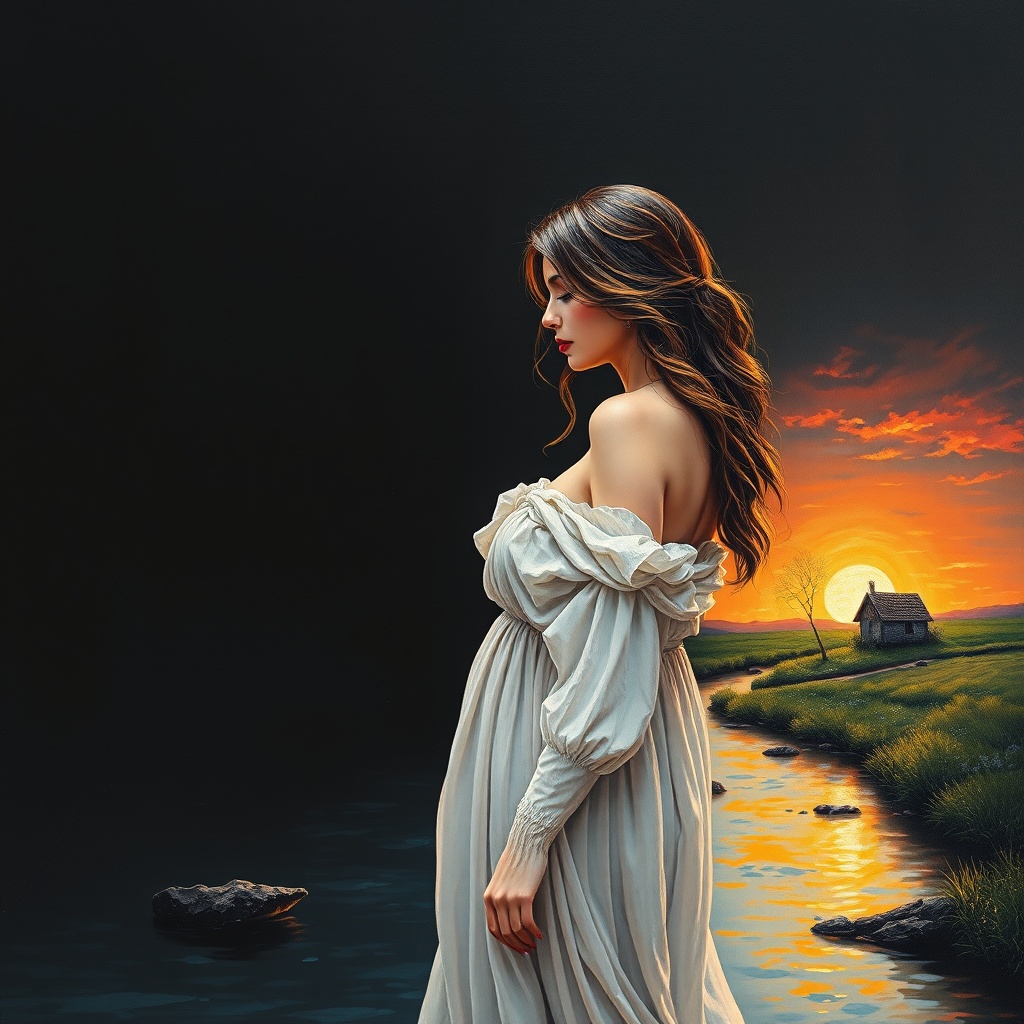 A woman in a flowing white dress stands pensively against a vibrant sunset backdrop, with a house and river in the distance.