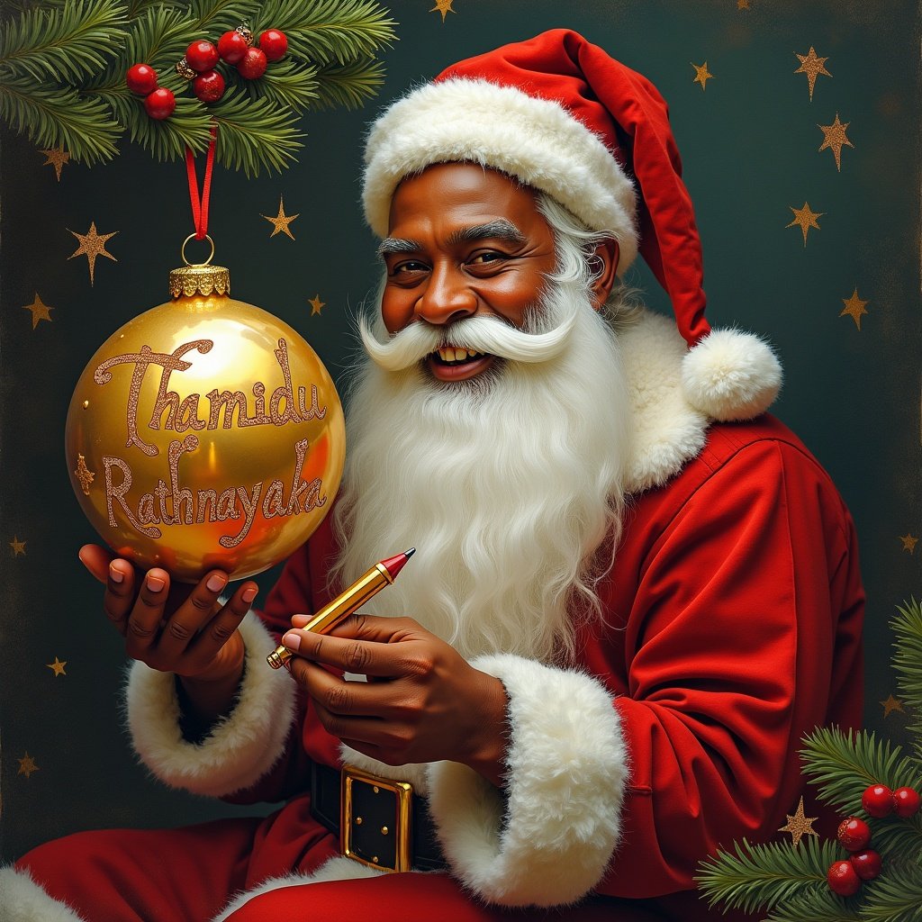 Santa Claus holding a decorated Christmas bauble. Bauble has names written on it. Names include Thamidu Rathnayaka, Kelsi, and Lottie. Santa wears a traditional red suit. Background is festive and green with holiday decorations.