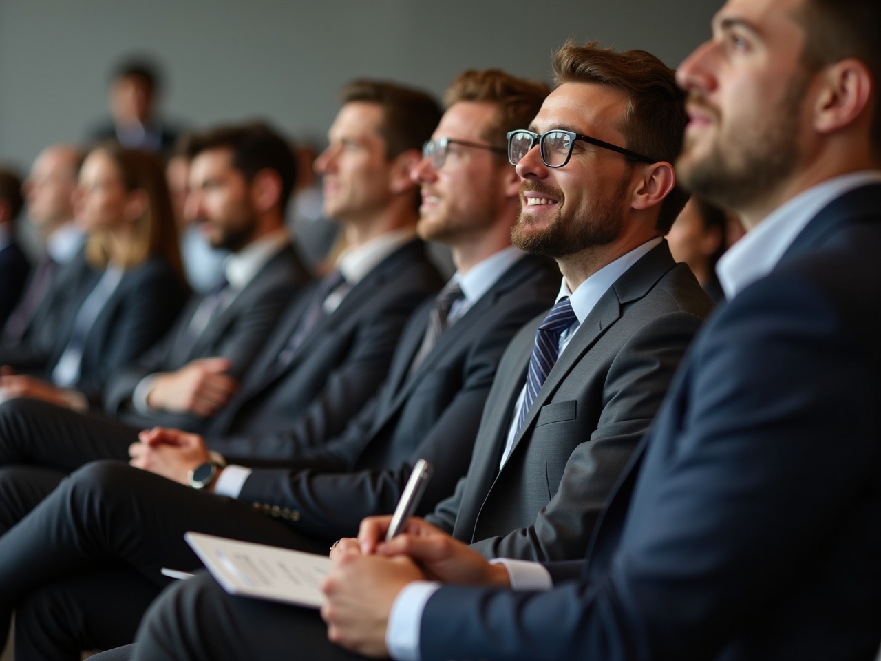 The image depicts a group of professionals in business suits attending a seminar. A man at the forefront stands out, smiling as he takes notes attentively. The atmosphere is filled with engagement, showcasing a moment of thoughtful discussion or presentation. The audience includes both men and women, all appearing focused and interested. The setting is modern and well-lit, enhancing the professionalism of the seminar environment.