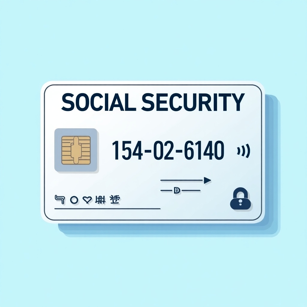 Depiction of a generic social security card. Prominent text SOCIAL SECURITY at the top. Key numbers 154-02-6140. Graphic chip shown to represent modern identification. Decorative elements indicate official nature. Background is soft blue. Design is professional and clean, echoing social security identification importance.