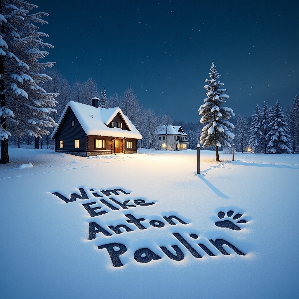 Names written in snow including Wim, Elke, Anton, Paulin with dog paw impression. Night snowy landscape with stars, soft winter light, holiday atmosphere.