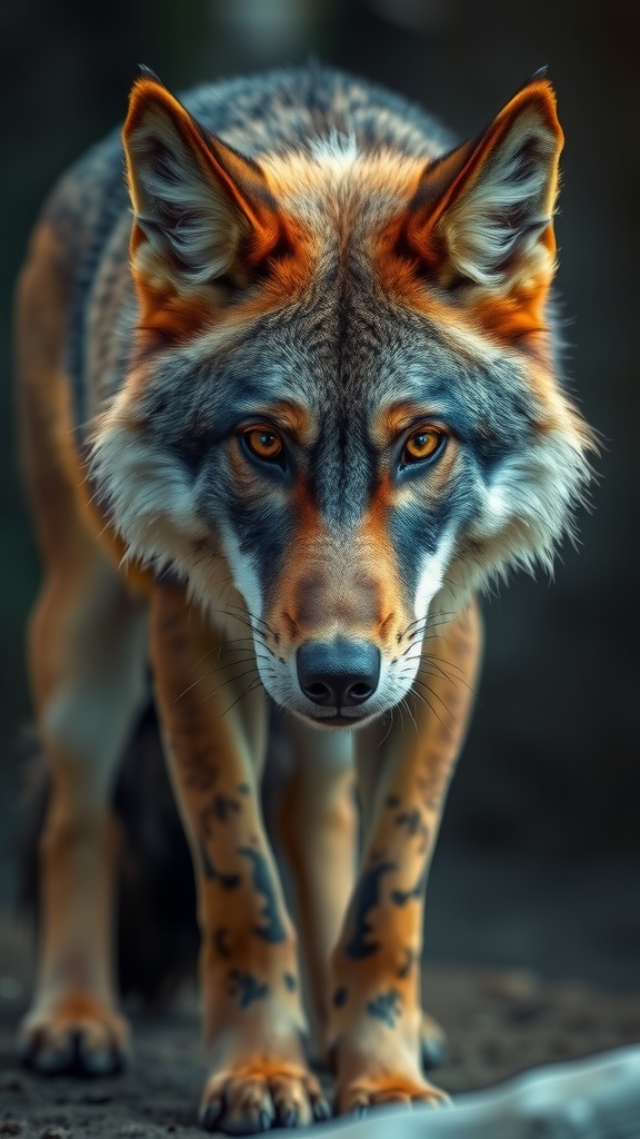 This striking image captures an up-close view of a wolf with mesmerizing eyes and vibrant fur. The wolf's sharp focus and intricate fur patterns add depth and intensity to the photograph, drawing viewers into its wild yet serene world. The background is softly blurred, emphasizing the creature's detailed features under a soft, natural light.