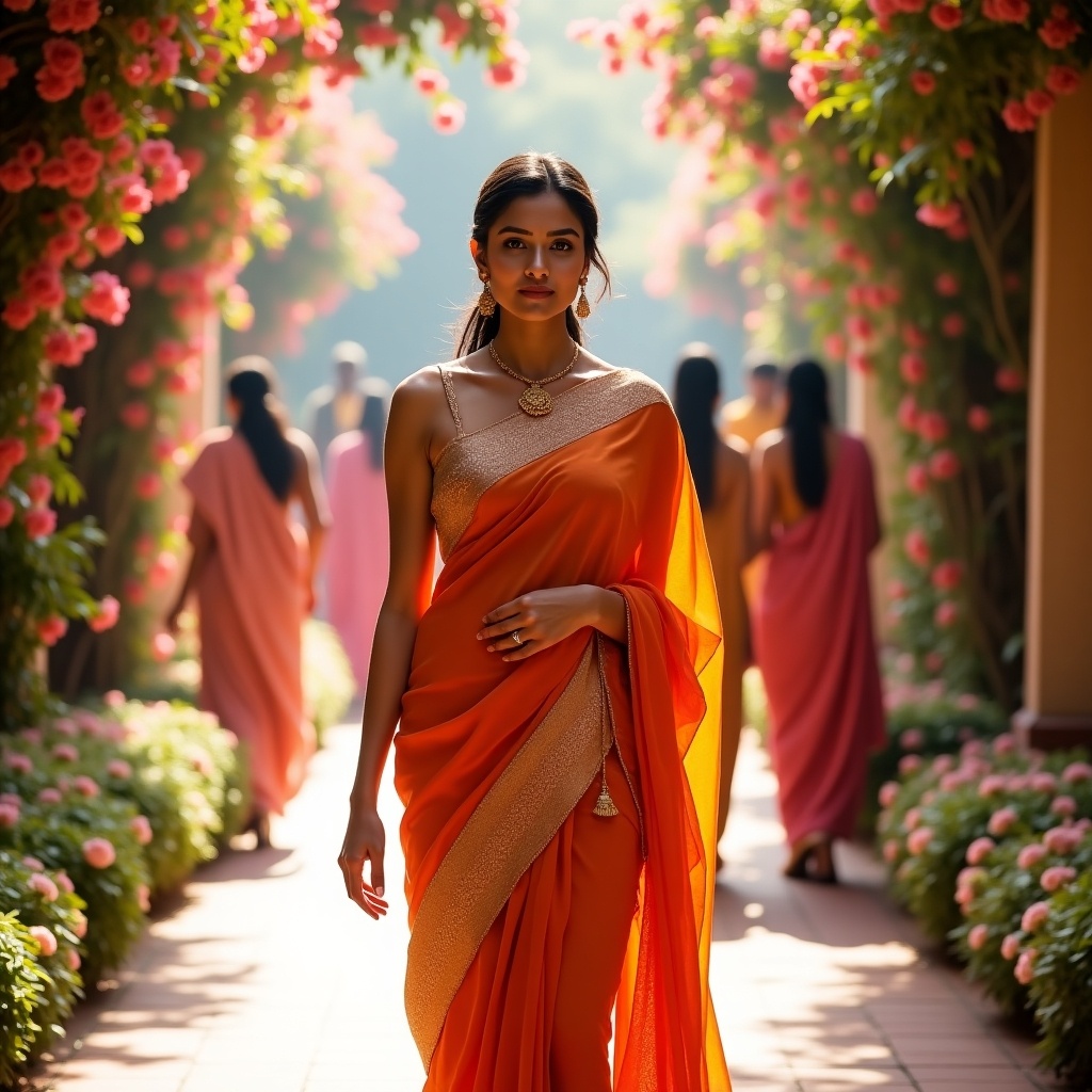 A stunning young woman in an elegant orange sari walks through a beautifully adorned pathway lined with vibrant flowers. She carries herself with grace and confidence. The soft sunlight highlights the intricate details of her attire. In the background, other women elegantly draped in colorful saris add to the cultural richness of the scene. This image captures the harmonious blend of tradition and modern elegance, showcasing the beauty of Indian heritage.