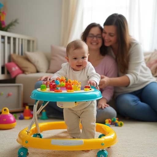 Baby in a walker celebrating ten months anniversary. Parents in the background smiling. Room filled with colorful toys. Soft and cozy atmosphere.