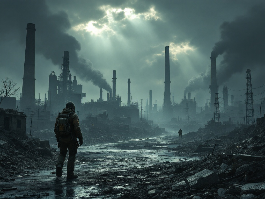 Design a sprawling post-apocalyptic industrial wasteland. Humanity survives in shadows of factories and decaying cities. Surrounded by ash-filled skies. Sun seldom breaks through smog. Graphics are hyperrealistic and highly detailed.