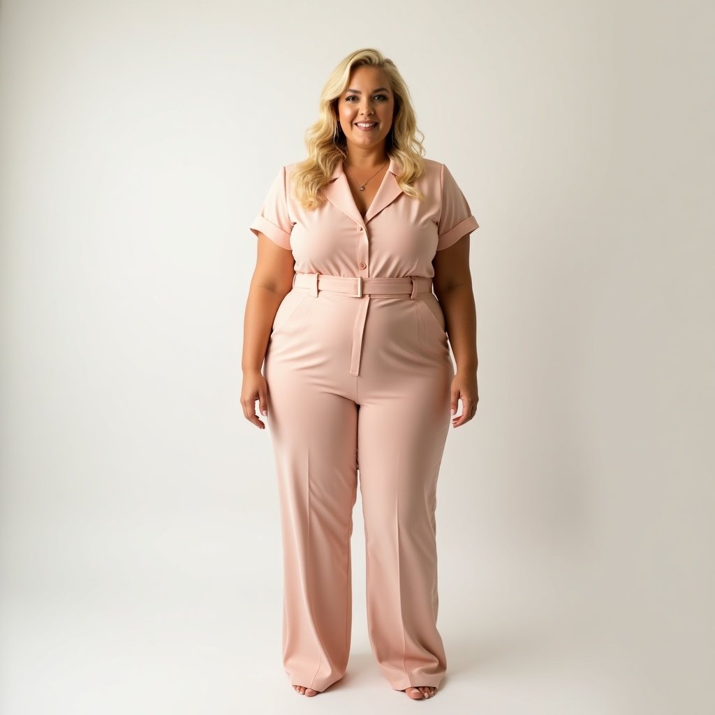 A full-body photograph features a confident plus-size woman with medium to long wavy blonde hair. She stands tall in a chic pastel jumpsuit, exuding grace and style. The background remains simple and minimalistic, allowing her elegance to shine. Soft studio lighting enhances her features and highlights the outfit's details. Her poised posture radiates self-assurance, embodying the ideals of inclusivity and body positivity.