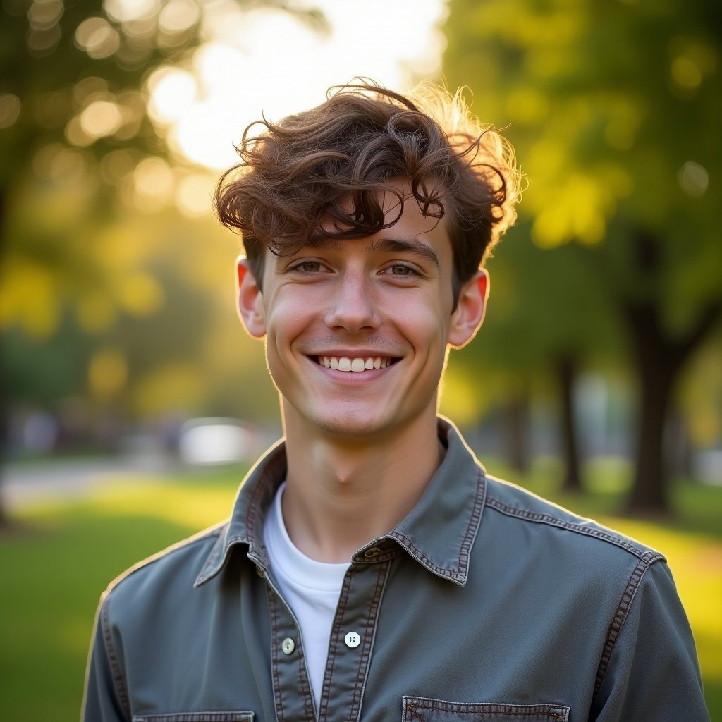 The image features a young man smiling warmly at the camera during golden hour. He has tousled hair and is wearing a denim jacket over a white shirt. The background is filled with softly blurred greenery, enhancing the warm atmosphere. Sunlight filters through the trees, giving a bright yet soft light on his face. This portrait embodies a cheerful and approachable vibe, ideal for lifestyle contexts.