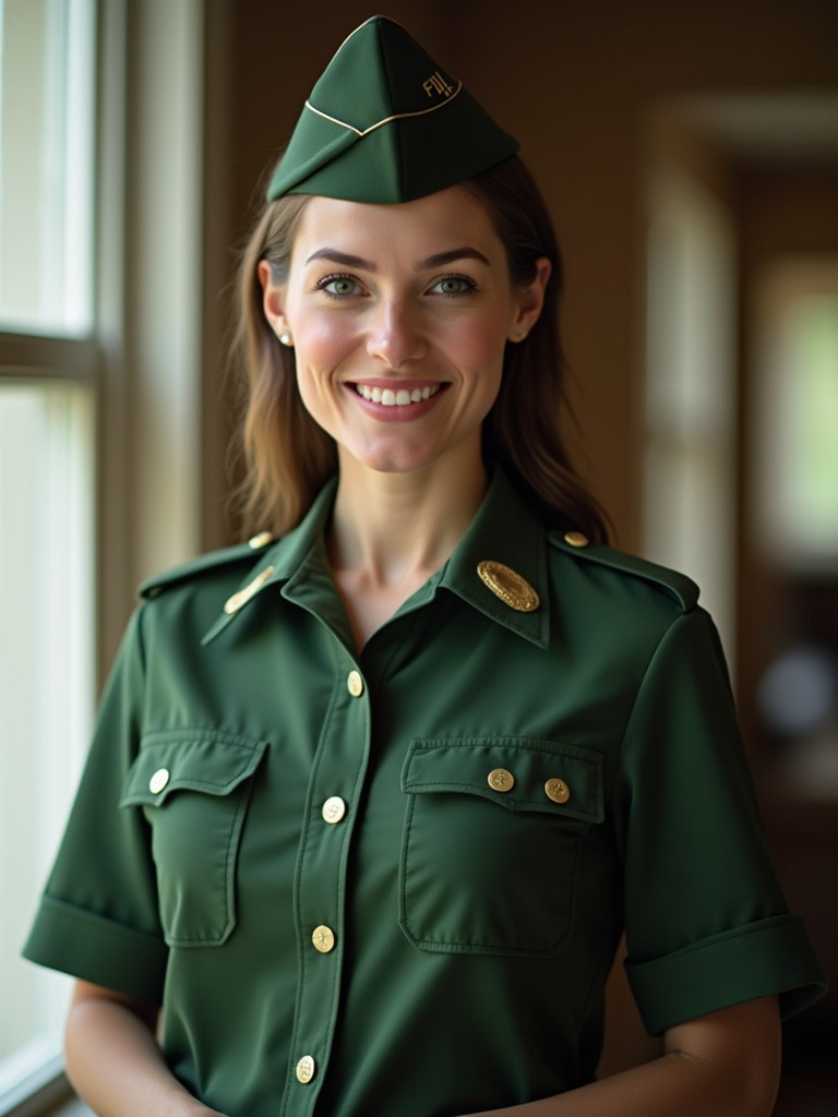 Woman wearing a green military-style uniform with a matching cap. The woman stands indoors, near a window. The image highlights a blend of authority and style in her appearance.