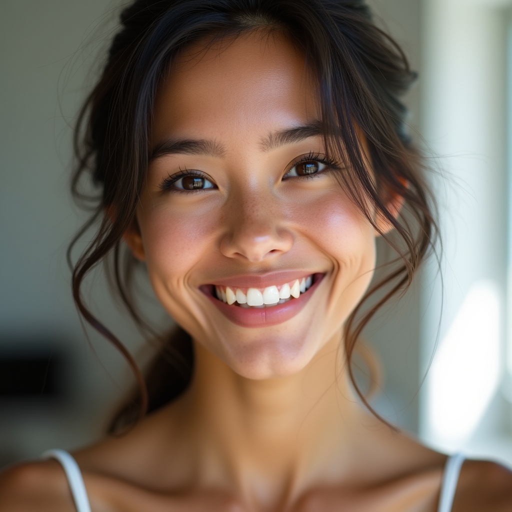 A hyper-realistic close-up image of a young woman with a natural smile. She has medium brown skin with visible texture, subtle fine lines, and blemishes, portraying authenticity. Her dark brown hair is loosely tied back, with strands framing her face. The background is softly blurred to emphasize her features, along with natural, soft lighting. The image captures detail in her skin and teeth, ideal for a dentistry page focusing on everyday beauty.