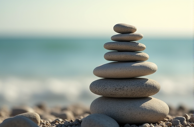 A stack of smooth stones balances on a beach with the sea in the background.