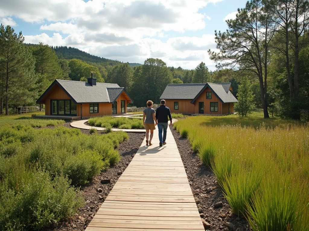 A couple is enjoying a serene walk on a wooden walkway surrounded by nature. The path is framed by lush green bioswales that filter the environment. In the background, cozy cottages are nestled among the trees, showcasing a lifestyle that connects with nature. Soft, diffused sunlight bathes the scene, enhancing the beauty of the comfortable outdoor setting. This idyllic scene highlights the principles of sustainable living and harmonious coexistence with the environment.