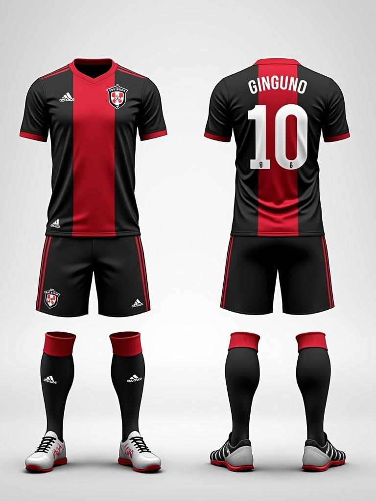 Football kit design features black and red colors with club logo on the left chest. Player name 'GINGUND' with number 10 on the back. Text 'WE ARE GINGA' on the neck and sides of the pants.