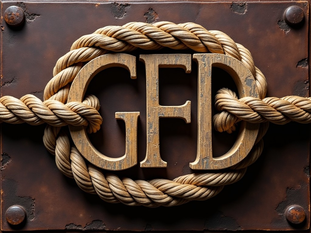 The image features the letters 'GFD' prominently displayed, intertwined with a thick rope. The background is a dark brown leather texture that adds a rustic feel. The letters have a worn vintage finish, suggesting age and character. The rope weaves through the letters in a unique manner, creating an intertwined effect. The overall look is eye-catching and perfect for branding purposes, conveying a nautical or rustic theme.