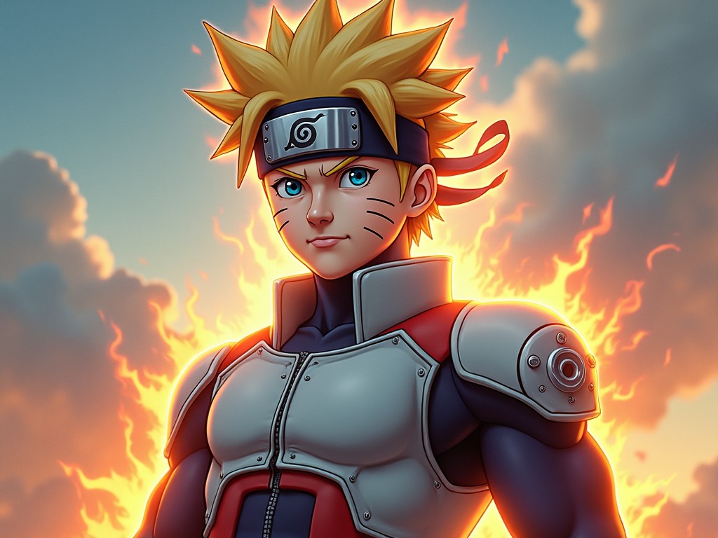 The image depicts a stylized version of Naruto Uzumaki, a popular anime character. He has spiky blonde hair and blue eyes, adorned with a headband featuring a symbol. The background shows a fiery glow, emphasizing his heroic stance. He wears a modernized ninja outfit with armor-like elements. The atmosphere conveys energy and strength, highlighting his determination and spirit.