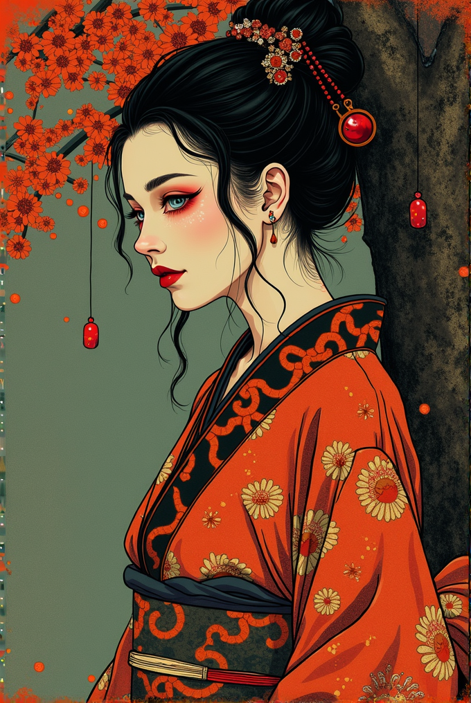 An elegant woman in an ornate red kimono stands against a backdrop of cherry blossoms and a tree, embodying traditional beauty.