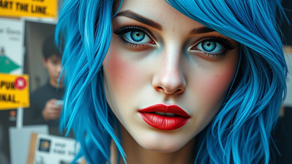 A woman with striking blue hair and intense eyes in a close-up portrait.