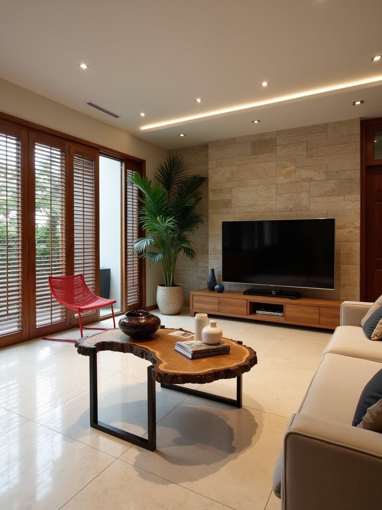 Image shows a modern living room with beige floor tiles. Large glass doors and wooden louvered doors provide natural light. Neutral color palette observed. Coffee table is abstract shaped from a wooden log with chrome black legs. Accessories include books, a white ceramic vase, and ceramic art in black and brown. Lush green plants present. A red chair serves as an accent. A large TV is mounted on a wooden console against a stone-clad wall. Track lights and recessed lights illuminate the ceiling. A comfortable beige sofa with complementing cushions is included.