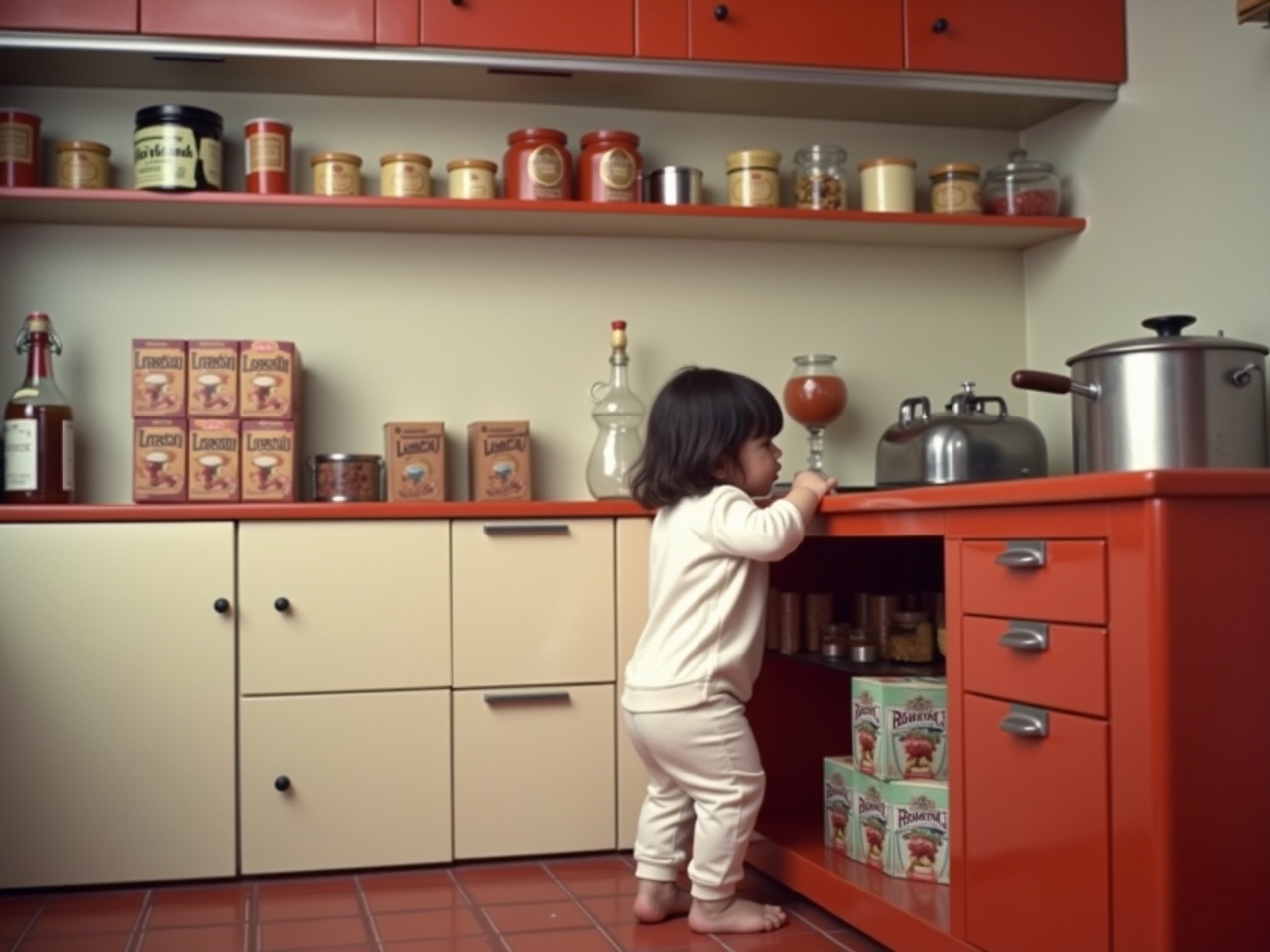 This image shows a kitchen scene with a young child exploring. The child is wearing a white outfit and looks curiously at something inside an open cabinet. The kitchen has a retro design with a red and white color scheme. There are various kitchen items on the counter, including boxes of food and bottles. The shelves above are lined with jars and containers. The overall atmosphere captures a moment of childhood curiosity and exploration.