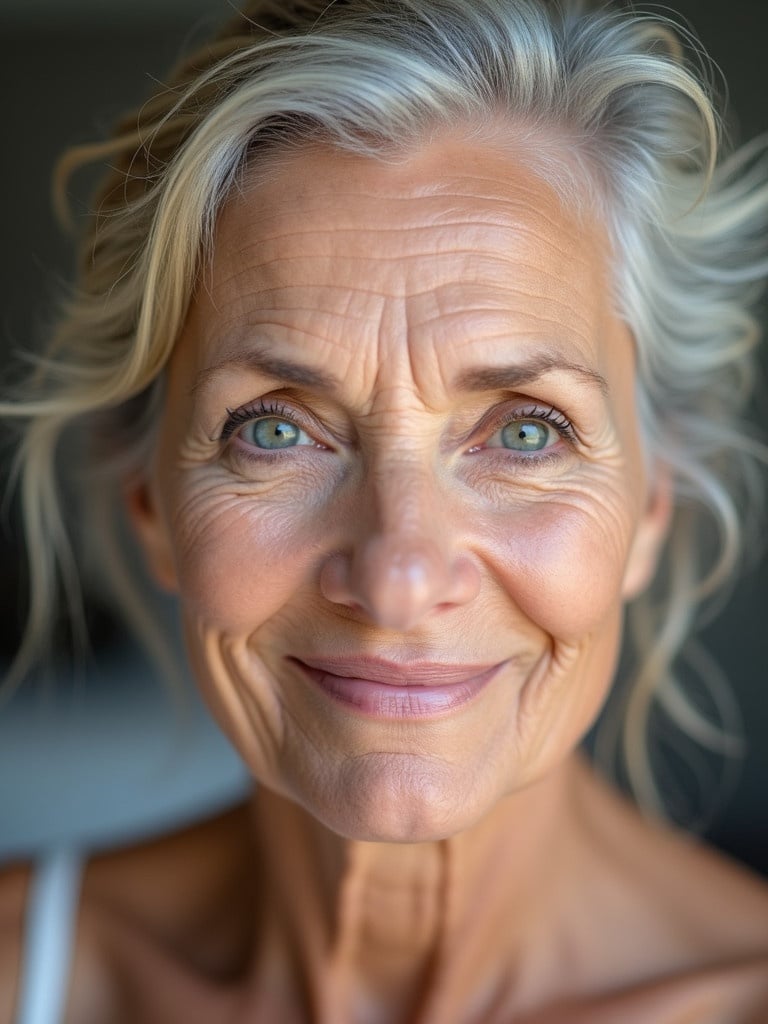 A real woman in her sixties displaying wrinkles with a neutral facial expression. Facing the camera with visible skin improvements after treatment.