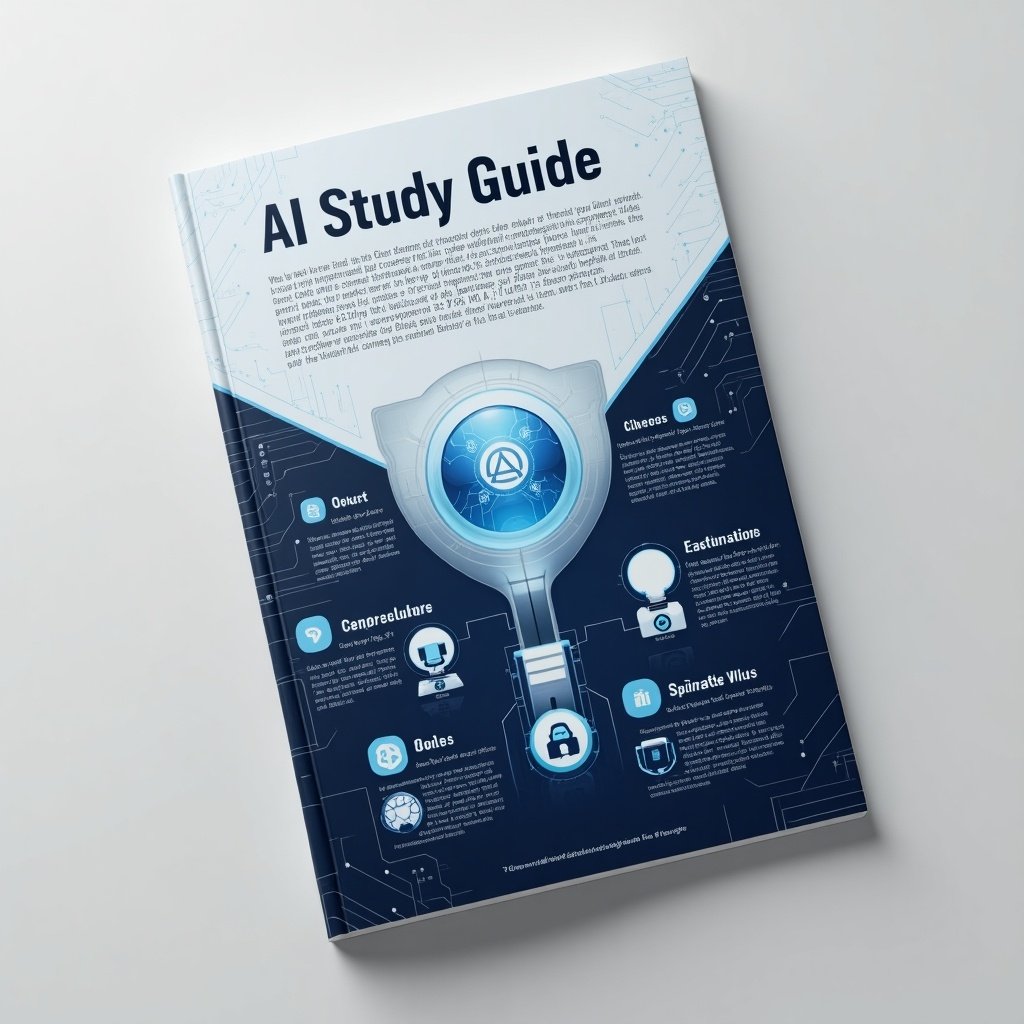 AI study guide designed for students. It includes sections for quests, core concepts, evaluations, and guidelines. Modern graphic design with a tech theme. Blue color scheme with icons and organizational elements.