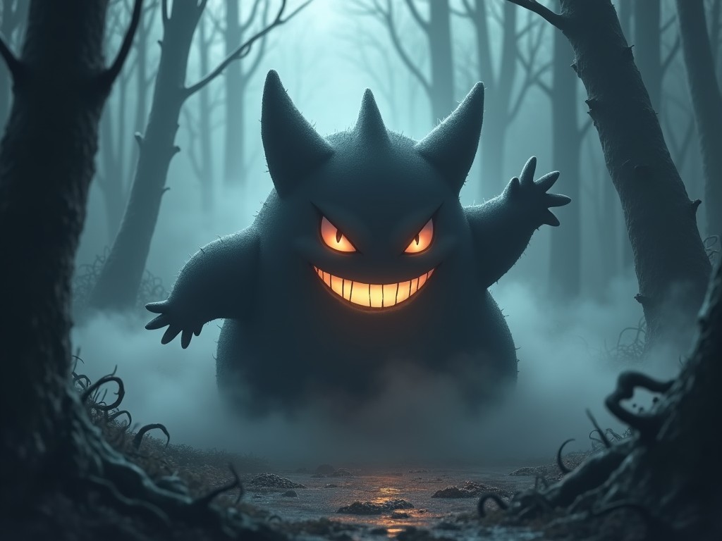 A ghost-like character with glowing eyes and a wide grin is emerging from the misty forest, creating a spooky atmosphere.