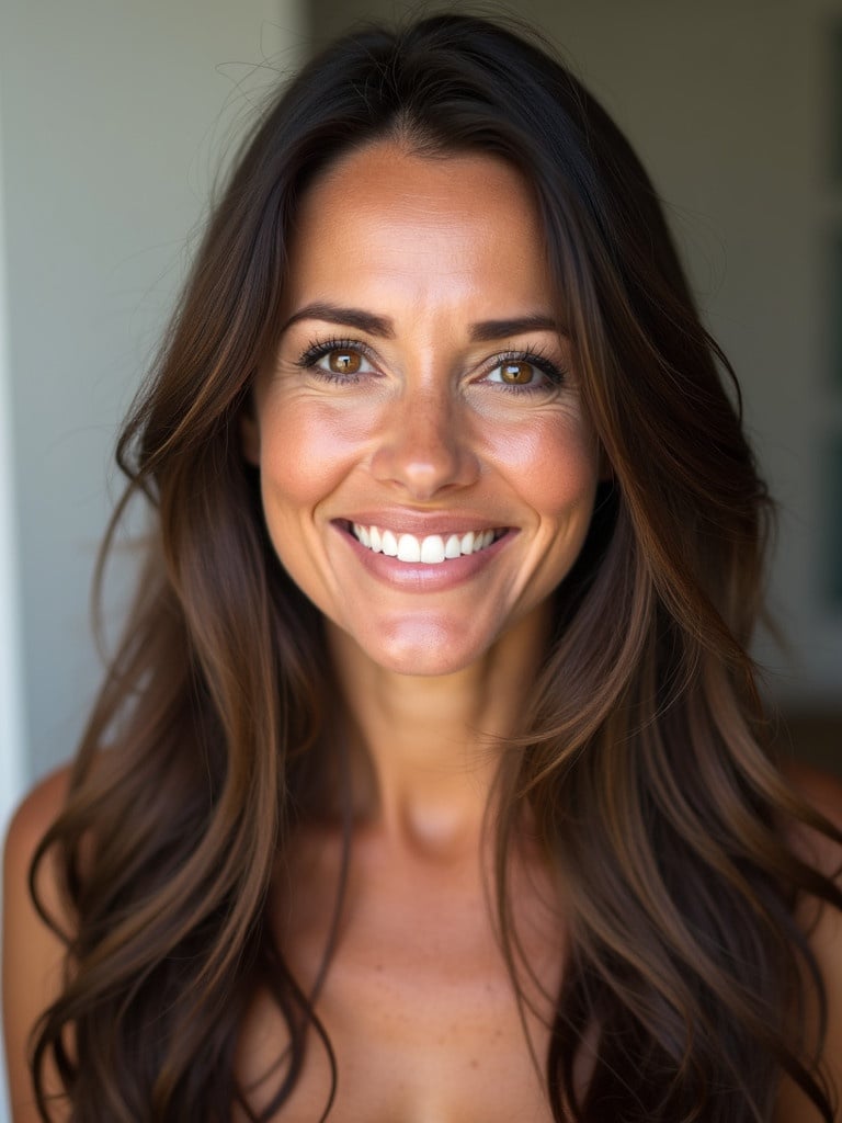 This image features a woman with long brown hair and a bright smile. She presents a youthful appearance despite her age. Her hair is worn down and flows naturally. Background is softly blurred.