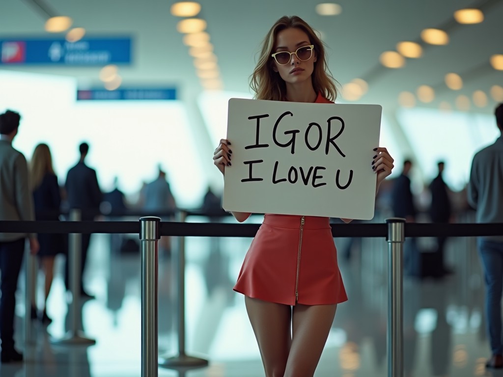 A beautiful slim girl is at the airport, standing behind a waiting line. She is wearing a stylish miniskirt and sunglasses. In her hands, she holds a sign that boldly states, 'IGOR I LOVE U.' The airport environment is bustling with people in the background, creating a lively atmosphere. The lighting is bright and inviting, providing a modern and chic vibe. The scene captures a playful romantic moment in a public space. This image showcases a unique blend of fashion and emotion in a travel setting.