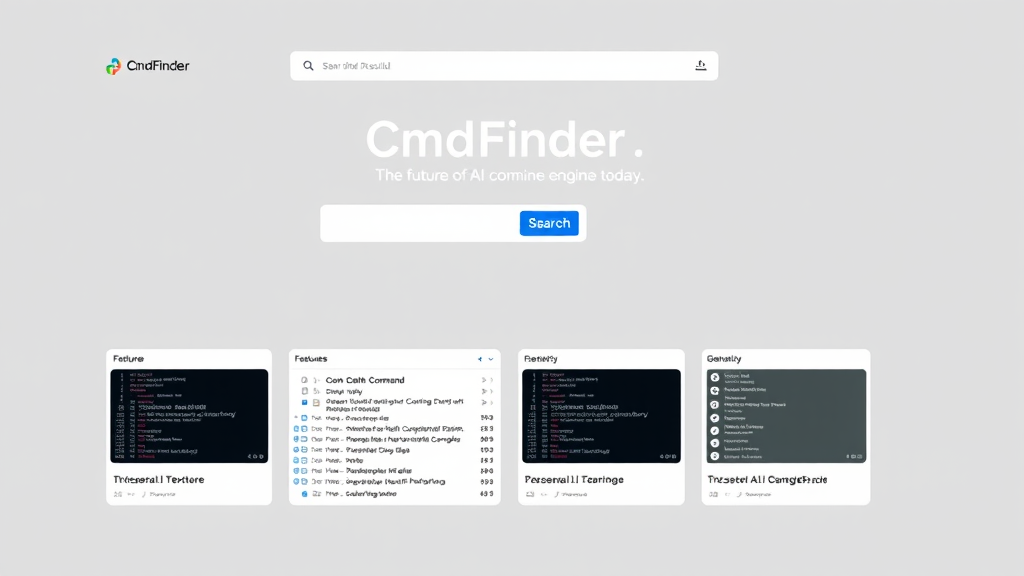 A minimalist web interface for CmdFinder, featuring a search bar and various code snippets.