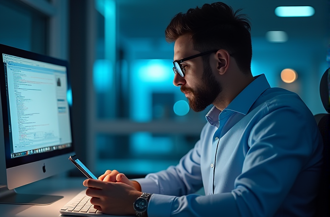 A man in glasses, illuminated by the glow of a computer monitor in a dimly lit office, intensely works on a smartphone, suggesting a tech-savvy or programming environment.