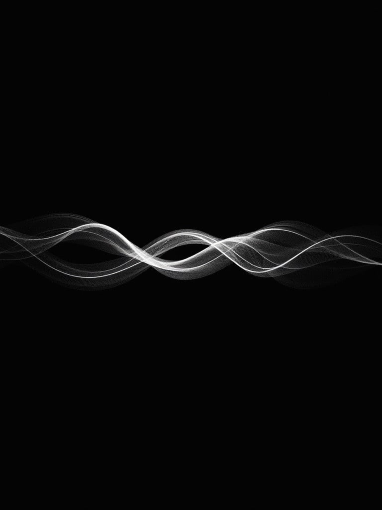 Silver wavy lines create an abstract pattern. The lines flow smoothly on a black background. The image emphasizes simplicity and elegance.